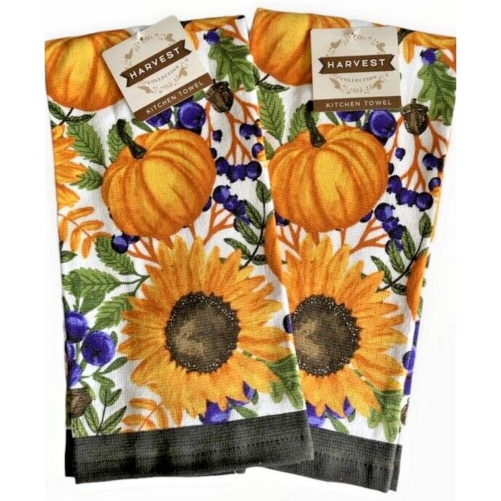 Thanksgiving Sunflower Kitchen Dish Towels Fall Autumn Harvest Cotton Set of 2